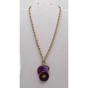 Gold Tone Beaded Chain Necklace With Purple Glass Enamel Pendant Charms